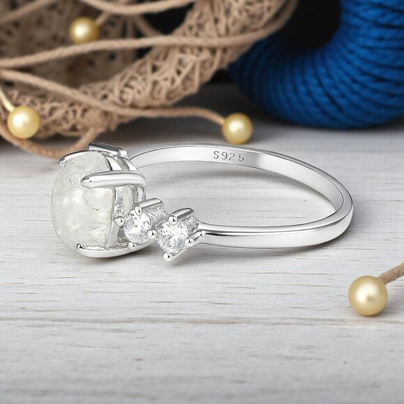 ๐Moonstone Minimalist Ring S925 Sterling Silverโ Genuine Gemstone & CZ Stones - Picture 5 of 10